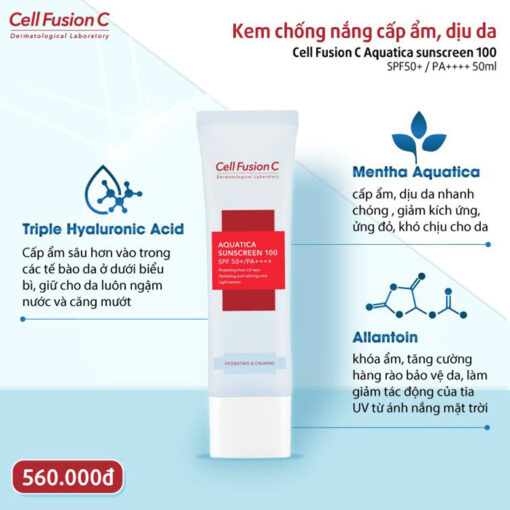 Kem chống nắng cấp ẩm dịu da Cell Fusion C Aquatica Sunscreen 100 SPF 50+ PA+++ siêu căng mướt