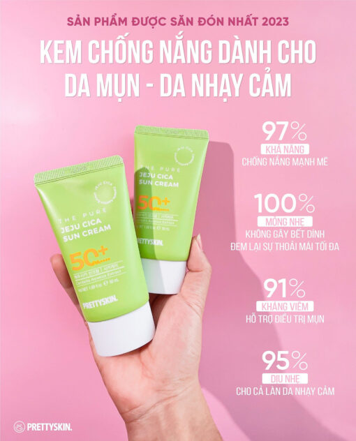 Kem chống nắng rau má Pretty Skin The Pure Jeju Cica Sun Cream SPF50+ PA++++ thẩm thấu nhanh