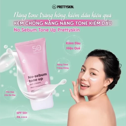 Kem chống nắng nâng tông kiềm dầu Pretty Skin No-sebum Tone Up Sun Cream SPF50+ PA++++ chất kem lỏng, dễ thấm