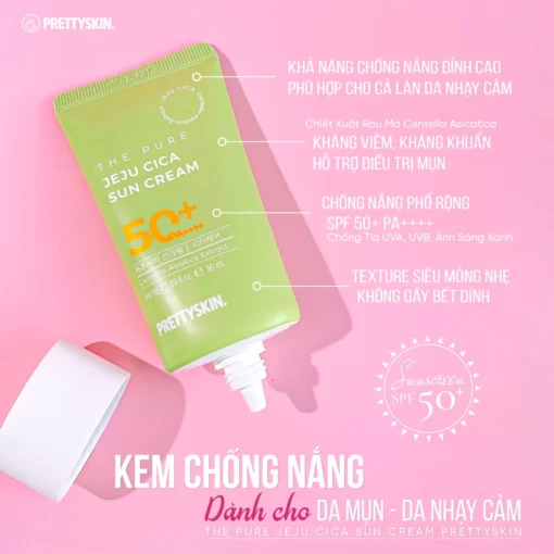 Kem chống nắng rau má Pretty Skin The Pure Jeju Cica Sun Cream SPF50+ PA++++ được ưa chuộng rộng rãi